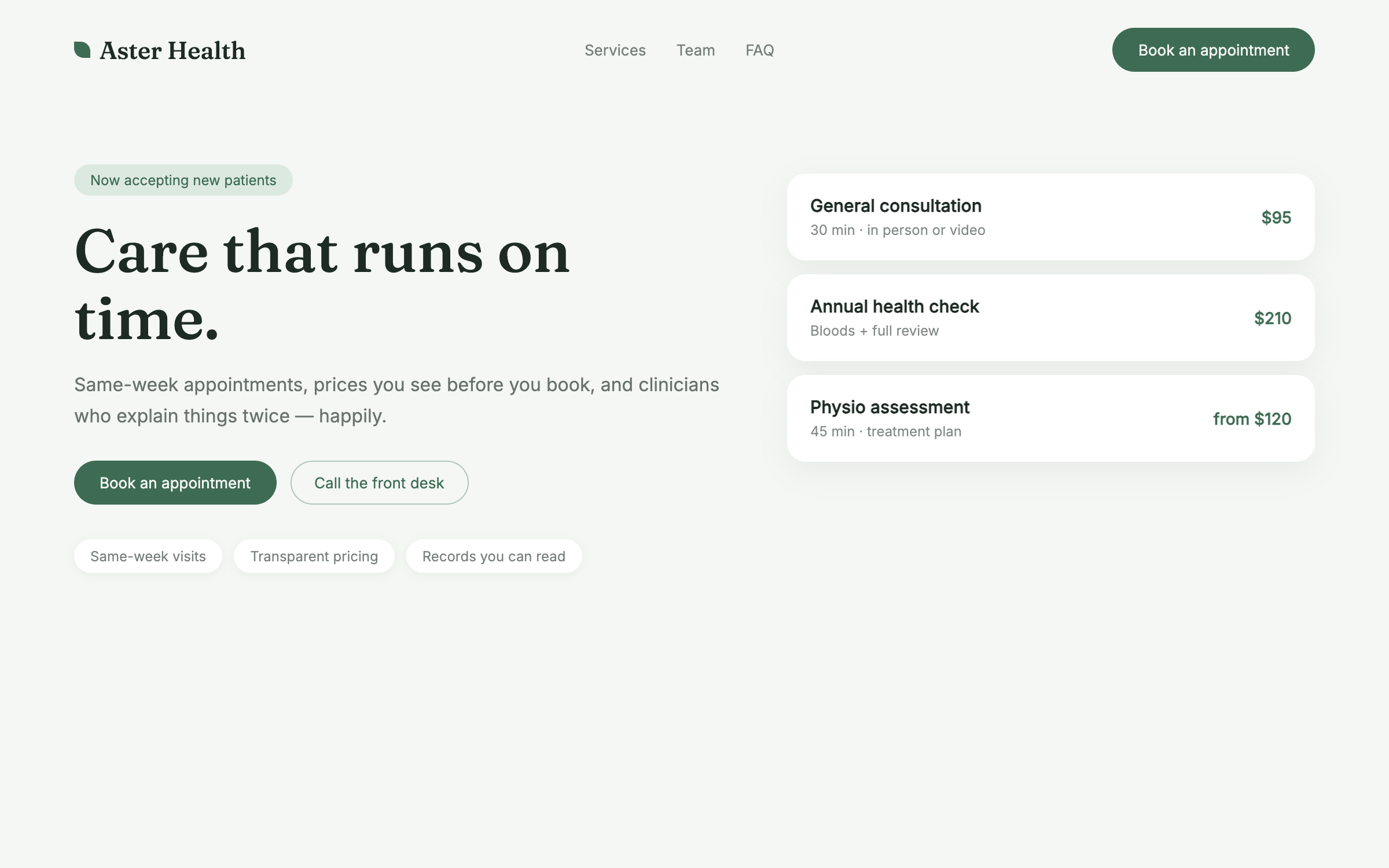Aster — the health clinic design this prompt generates