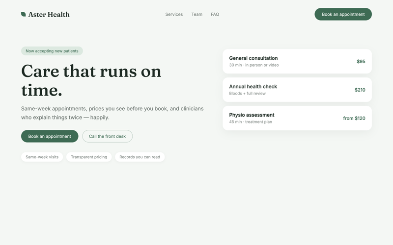 Aster — Health Clinic design preview